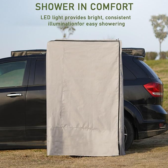 Shower Awning Tent with Roof Vehicle Side Shower Room with LED Light Outdoor Camping Privacy Shelter Restroom Bathroom Waterproof (120x120x200cm)