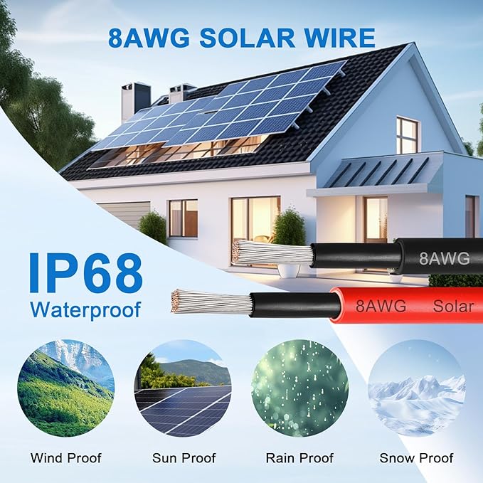 XRDS -RF 8AWG Solar Panel Wire 10mm² 2 Pack 200FT Red &amp Black Solar Extension Cable PV Wire with Tinned Copper Sunlight &amp UV Resistant for Solar Panel RV Inverter Battery Off-Grid Syst