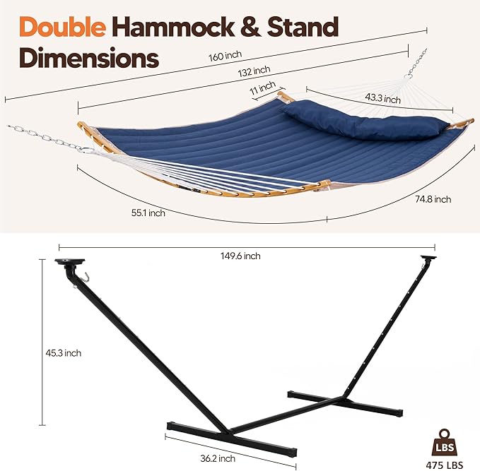 SUNCREAT Double Outdoor Hammock with 12 ft Stand Solar Powered Lights Portable 2 Person Hammock with Stand Dark Blue