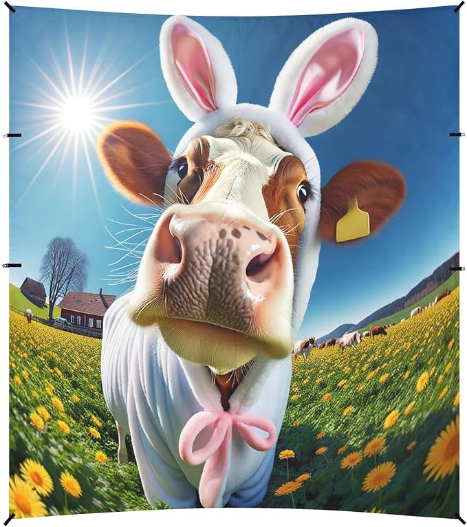 Funny Cow in Sunny Sunflowers Field Beach Tent Sun Shelter Set UPF50+ UV Protection 10.5 x 9.19 FT Camping Shade Canopy with Sandbags Sand Anchors Carrying Bag and Others