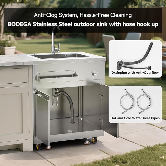 BODEGA Stainless Steel Outdoor Kitchen Sink Cabinet Outdoor Sink With Hose Hook UpSingle Bowl Kitchen Sinks With Brake Wheels &amp Spice Rac All-Weather Use Mobile Prep Station for BBQ Camping