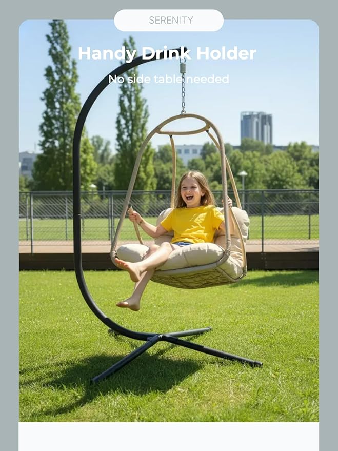 JESE Swing Egg Chair with Stand – UV Resistant Waterproof Cushion &amp Cup Holder Included Indoor/Outdoor Hanging Hammock Chair for Patio Bedroom Balcony Garden (Khaki)