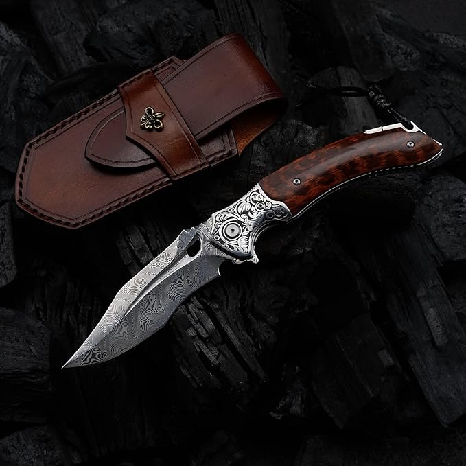 Japanese VG 10 Damascus Steel Folding Knife Outdoor Wilderness Survival Pocket Knife Snake Wood Handle Lined Lock Leather Sheath EDC Pocket Knife