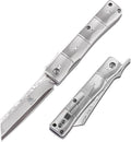 KATSU Handmade Full Damascus Pocket Knife3 Damascus Blade Bamboo Style Men Women Folding Knife with Clip Linner Lock Japanese Razor Work Knife with Leather Sheath Camping Hiking