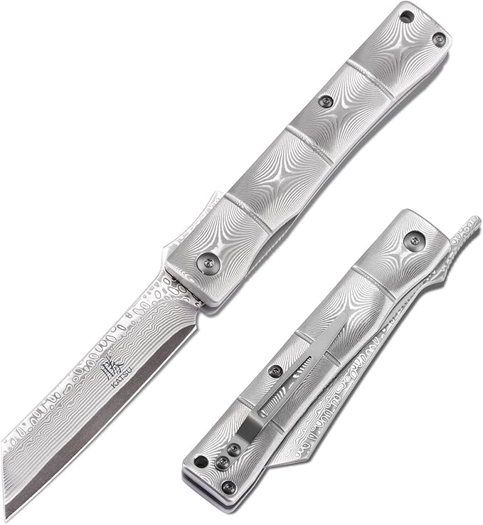 KATSU Handmade Full Damascus Pocket Knife3 Damascus Blade Bamboo Style Men Women Folding Knife with Clip Linner Lock Japanese Razor Work Knife with Leather Sheath Camping Hiking