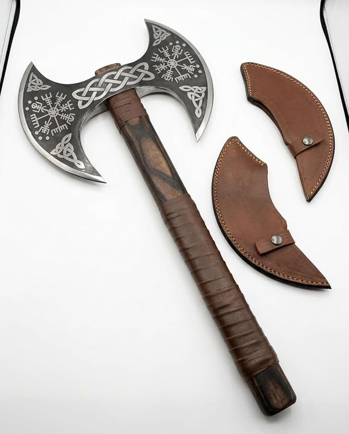 FORGE HIDE - Double Headed Viking Axe 27 High Carbon Steel Norse Dane Axe with Ash Wood Straight Shaft Scandinavian Nordic Axe Leather Scabbard Gift for Men