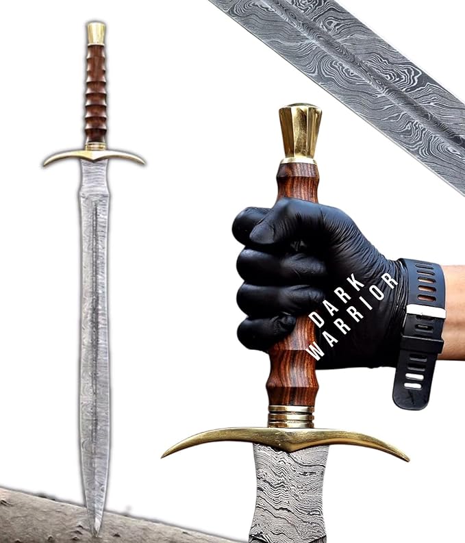 Dark Warrior - 36” Handmade Power The Real Medieval Viking Damascus Steel Handmade Sword with Leather Sheath Damascus Steel Double Edge Vikings Sword Gift for Him