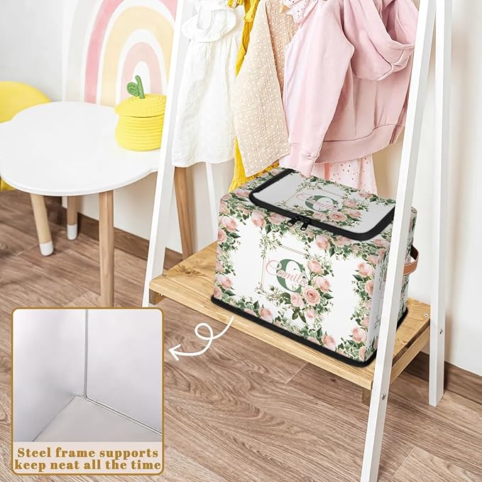 Personalized Rose.flower Initials Storage Bins with Zipper Lid Custom Fabric Storage Boxes Foldable Closet Organizers Cubes for Clothes Shelves Home Decorative 2PCS