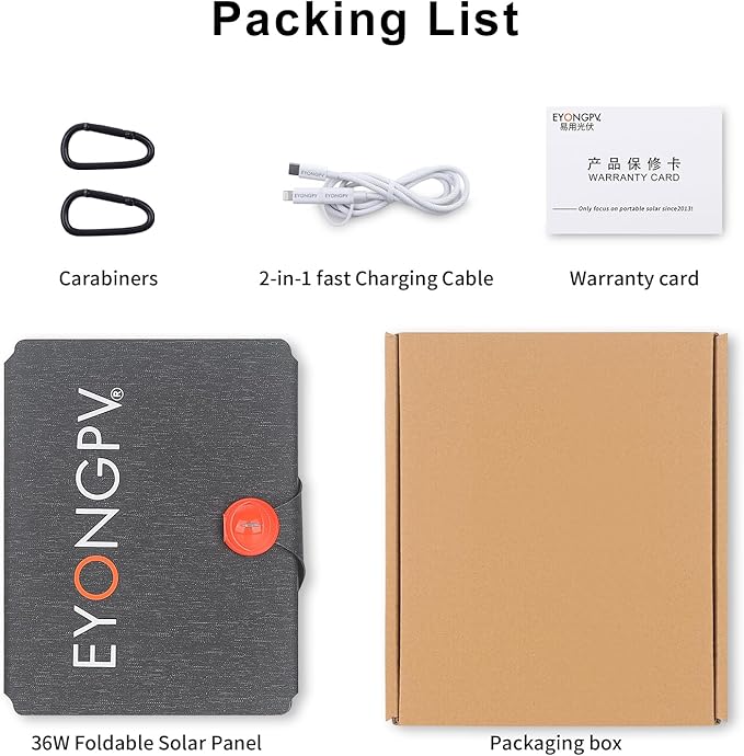 EYONGPV 36W Portable Foldable Solar Panel with Croc-Eye USB-C PD Fast Charging Output IP67 Waterproof Compact Solar Charger for Phones Power Banks Camping Hiking Backpacking