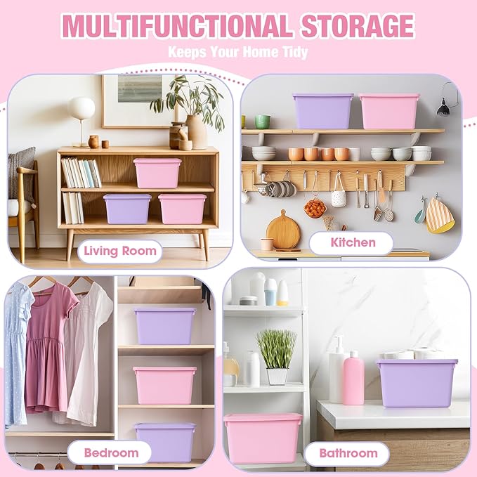 Potchen 6 Pack Cute Plastic Storage Bins with Lids Decorative Stackable Storage Boxes 9.8 ×7.3 ×5.7 Small Storing Totes for Organizing Craft Office Supplies (PinkPurple)