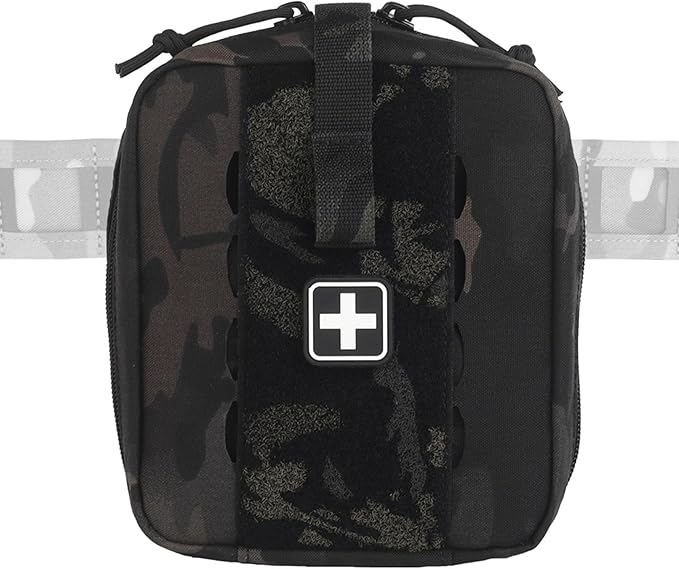 Tactical Camo IFAK Pouch MOLLE Medical Organizer with Elastic Storage Board Front Tool Slots and Rear Shear Pocket Attaches to Vest Belt or Backpack