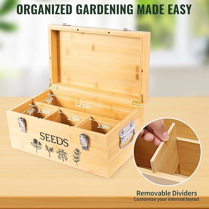 Large Bamboo Wood Seed Storage Organizer Box with LidDouble-Layer Seal Design Seed Saving Box with 304 Stainless Steel Safety LockHandlesExtra Seed Envelopes and Labels (Wood)