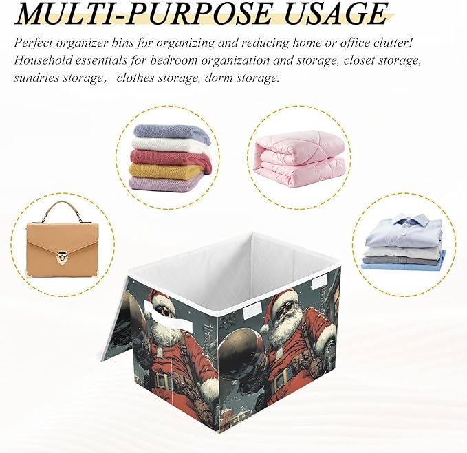 Storage Cube with Lid Cool Santa Christmas Print 16.5×12.6×11.8 IN Collapsible Large Capacity Foldable Storage Basket Bin Organizer