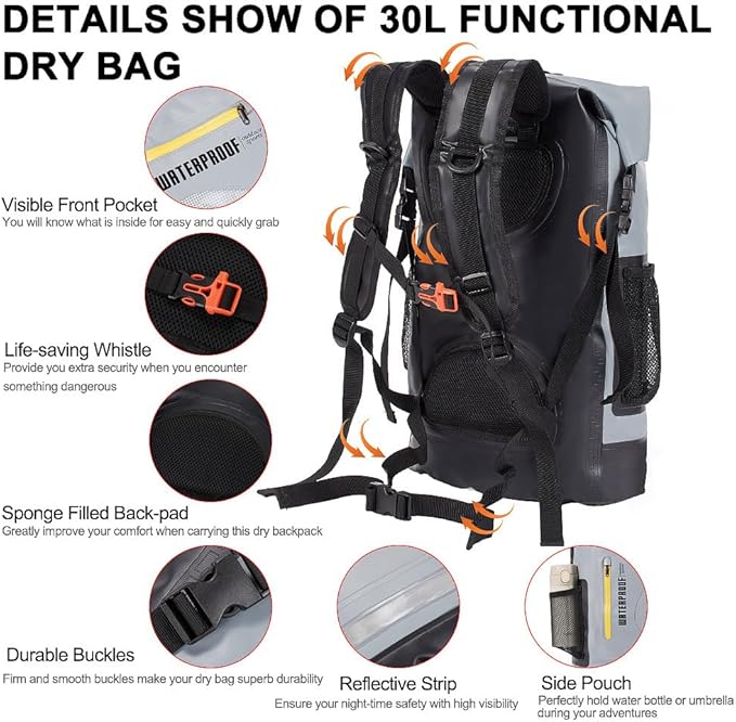 XhuangTech 30L Waterproof Drybag Water Sports Floating Backpack Durable Heavy Duty Duffel Bag for Kayaking Rafting Boating FishingCamping (Gray 30L)
