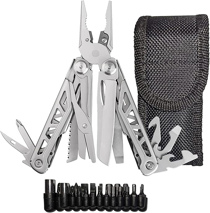 EPG Heavy Duty Multitool Nylon Case and Screwdriver Bits 18 Stainless Steel Locking Tools EDC Gear with Pliers Bottle Opener Box Cutter and More Fits in Pocket