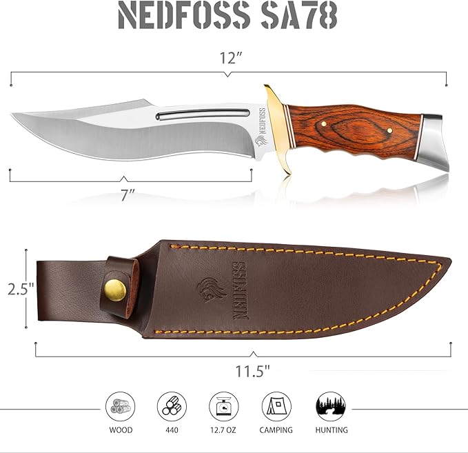 NedFoss SA78 Fixed Blade Knife 12 Inch Wood Handle Bowie Hunting Knife with Leather Sheath for Camping Hiking Survival Bushcraft Knife Gifts for Men Birthday Valentine's Day Christmas