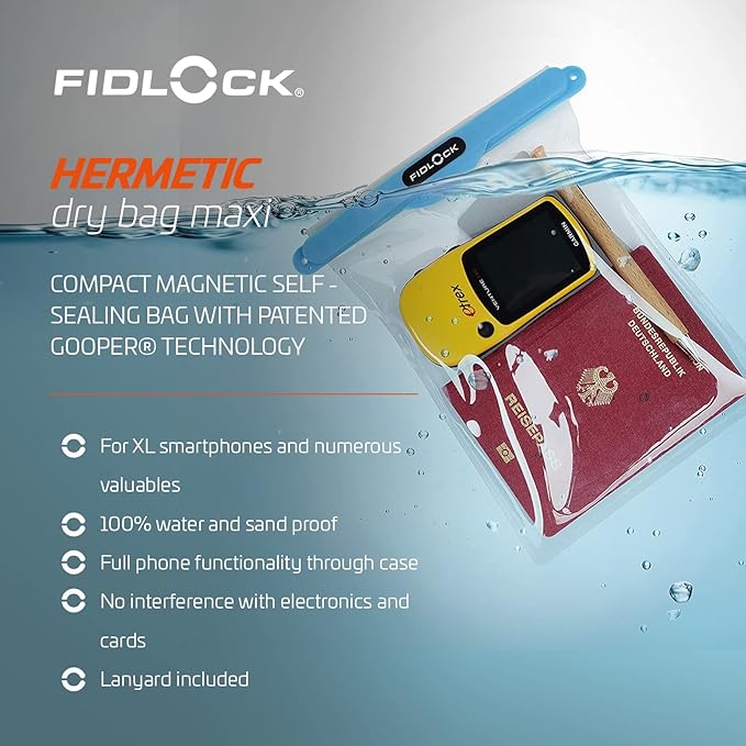 FIDLOCK Hermetic Dry Bag Flexible Magnetic Self-Sealing Bag for Cellphone | 100% Water &amp Sand Proof | Practical Size with a Large Opening | Lanyard Included | Multi | Blue