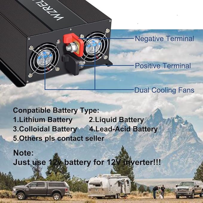 WZRELB Pure Sine Wave Inverter 3000W 12VDC to 120VAC Solar Power Peak 6000W Converter Truck RV Home LCD Display Black (LN300012)