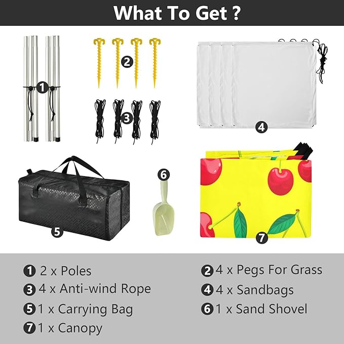 xigua Red Cherries Beach Tent Sun Shelter with Carrying Bag - Silver Coated Oxford Fabric Beach Canopy for Beach Camping Fishing - Includes Windproof Ropes Sandbags &amp Stakes