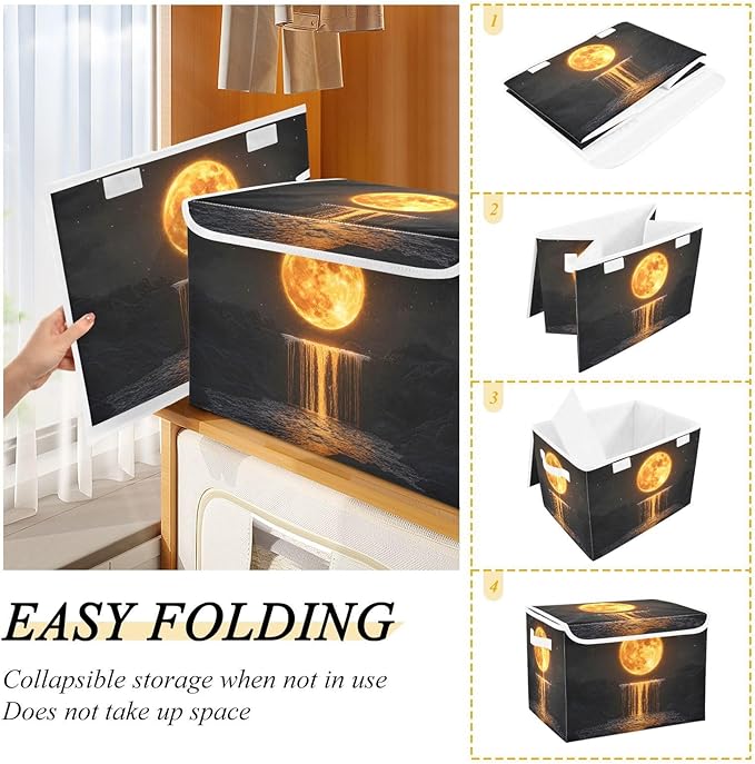 Storage Cube with Lid Golden Moon Print 16.5×12.6×11.8 IN 1 Pack Collapsible Large Capacity Foldable Storage Basket Bin Organizer