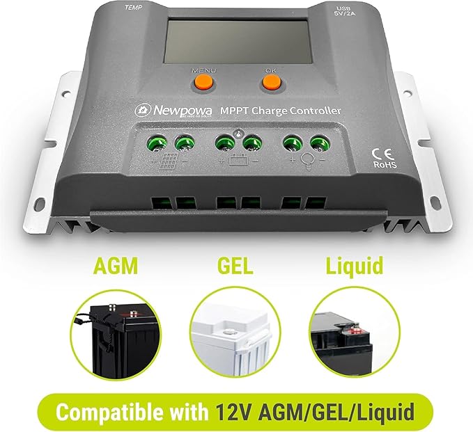 Newpowa 20W 20Watts 12Volt Mono Solar Panel Off Grid Solar Charge Kit 20 Watt 12 Volt 10BB Solar Panel+10A MPPT Charge Controller+8ft Cord for Connecting Controller to Battery Alligator Clamp