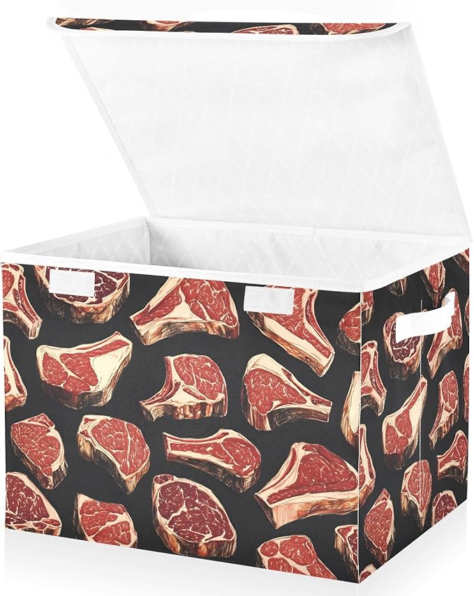 AIXIWAWA Lidded Storage Cube (Meat Pattern) Fabric Foldable Closet Bins with Flip Lid and Handles Organizer Basket Container 16.5 x 12.6 x 11.8 IN