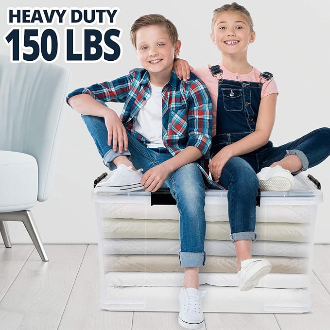 3-Pack Waterproof Plastic Storage Box 90QT/85L Stackable Latch Box Durable Multi-Purpose Locking Bin with Lid and Black Clips for Bedding Toys Shoes and Clothes