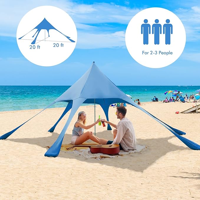 HAPPYGRILL Beach Canopy Sun Shelter with Aluminum Pole 20 FT x 20 FT UPF 50+ Pop Up Tent with Sandbags Tent Pegs Sand Shovel Carry Bag Portable Outdoor Sunshade for Camping Sport Events Picnic