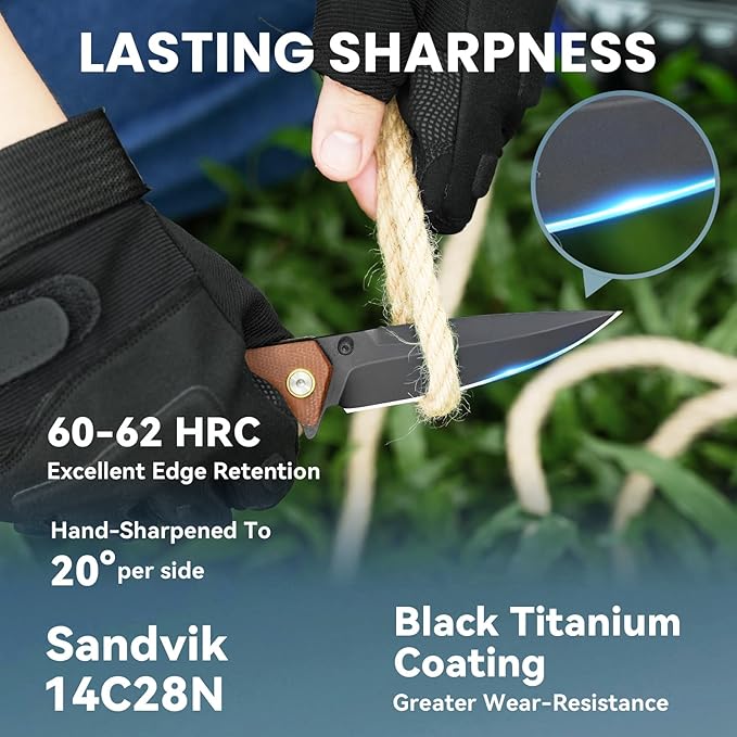 Pocket Knife For Men Folding Pocket Knife With 3.77 Sandvik 14C28N Blade &amp Micarta Handle Flipper Knife With 2-way Assisted Opening EDC Knife With Deep Pocket Clip For Hunting Camping