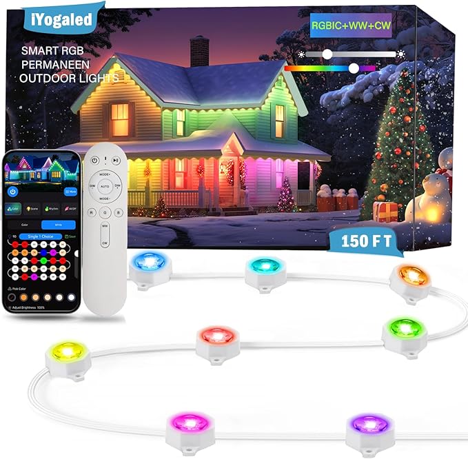 iYogaled 150ft Permanent Outdoor Christmas Lights for House Smart RGB+IC+Warm to Cool White LED Eave Lights with App Control IP65 Outside Light Compatible with Alexa Google Assistant