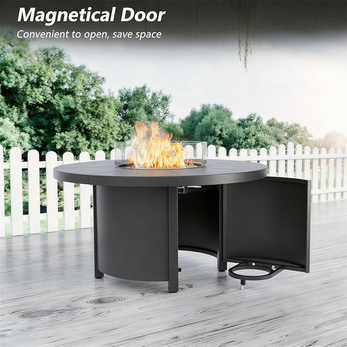 48 Round Propane Fire PitSteel Tabletop Fire Pit w Lava Rocks55000 BTU Auto-Ignition CSA Certified Gas Fire Pits with Lid &amp Windproof Glass for OutdoorPatioBackyard