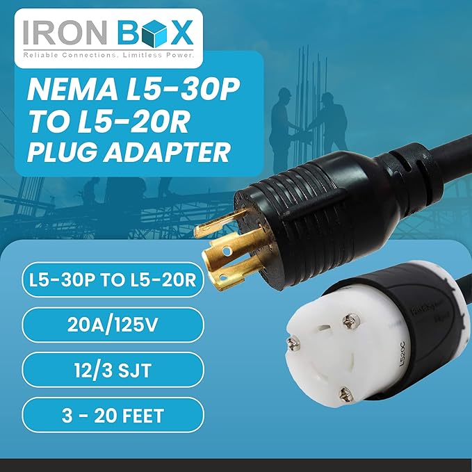 IronBox Electric NEMA L5-30P to L5-20R Plug Adapter Power Cord - 20A125V 12/3 SJT - UL Listed Power Cable - Heavy Duty Extension Cord for Generator Data Centers Outdoor &amp More (20ft Custom Bu