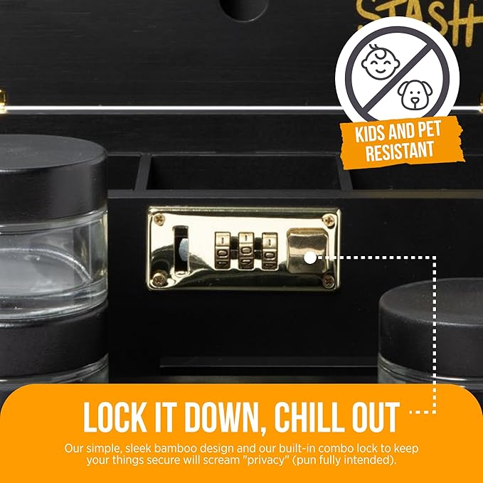 HASHSTASH The OG Storage Box - Large Bamboo Box with Combination Lock Magnetic Lid Organizer Tray Airtight Tube and 3 Jars - Discreet Decorative Locking Wooden Box with Accessories (Black/Gold)
