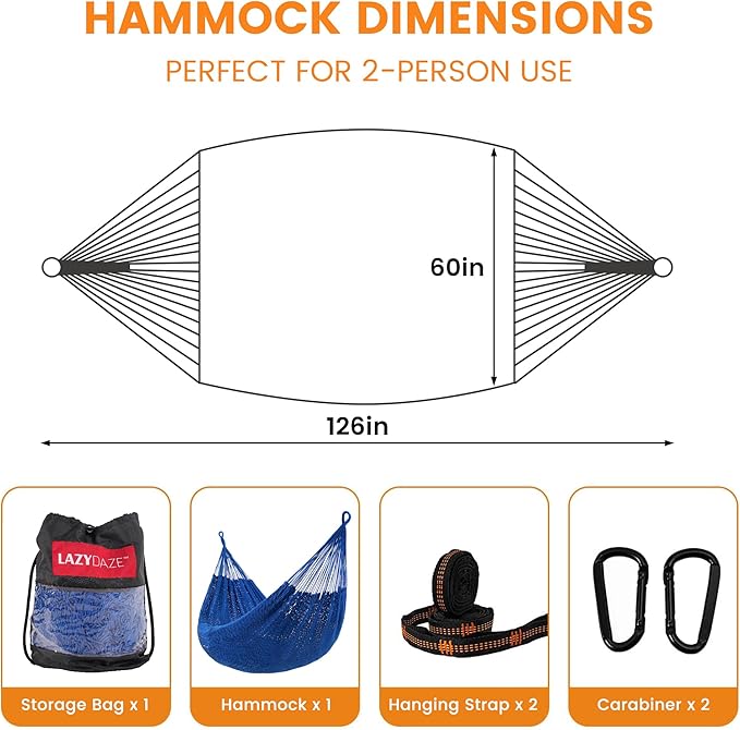 Lazy Daze Hammocks Handwoven Mayan Hammock 10.5 FT Soft Rope Double Hammocks Portable Outdoor Hammock with Carry Bag 2 Straps &amp Carabiners for Patio Outside 550 lbs Weight Capacity Blue