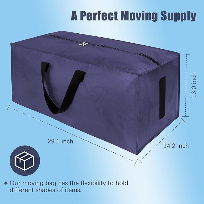 HOMESURE 8 Pack Large Strong Moving Bags with Zippers &amp Carrying Handles - Water-Resistant - Heavy Duty Storage Tote for Space Saving Fold Flat Alternative to Moving Box (Blue)