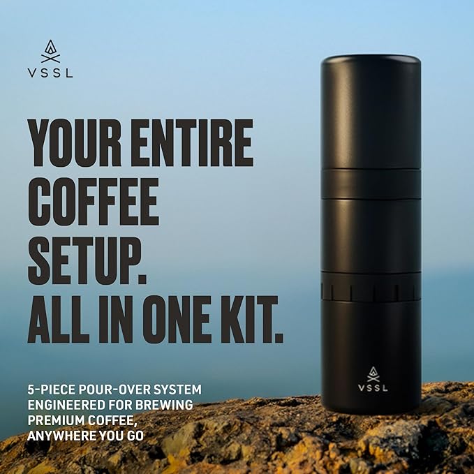 VSSL - Nest Pour Over Coffee Kit | Coffee Maker for Camping | All-In-One Travel Pour Over | Transportable Dripper Two 10oz Stainless Steel Travel Mugs | Compact Storage &amp Adventure Ready | Black