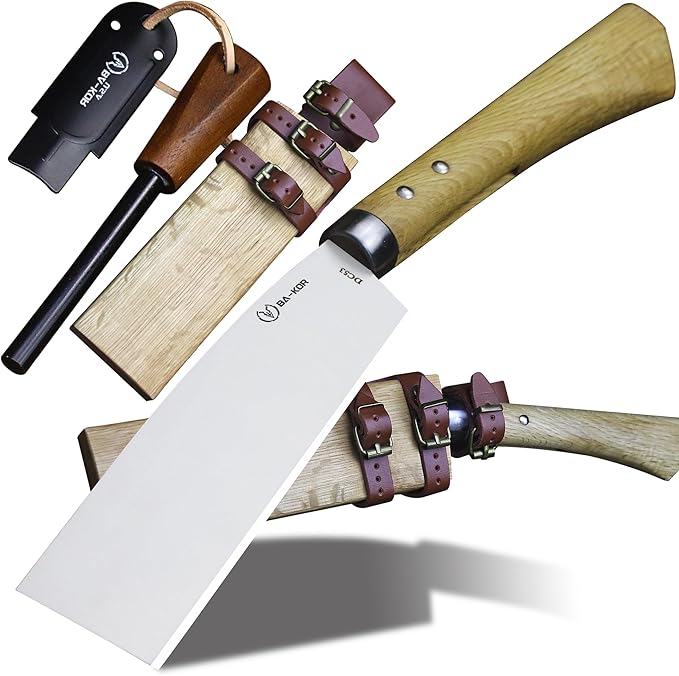 BA-KOR (Pioneer ) (15) DC53 steel 6mm thickened full Tang fixed knife+ Wooden sheath &amp(5.9IN) Cerium Igniter suitable for outdoor hunting cutting chopping camping obstacle removal explorati