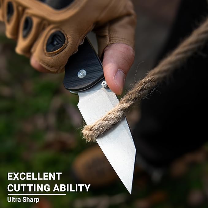 Pocket Folding Knife - 3.39 EDC Knife D2 Blade Stonewashed Finish - G10 Handle with Thumb Stud - Pocket Knife for Men Women - Camping Hiking Survival Preparation