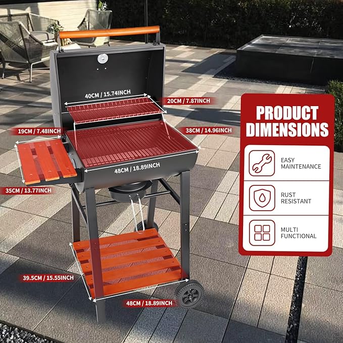 Charcoal Grill with Temperature Gauge - Large Outdoor Barrel Barbecue Grill with SideTable 406 sq in Cooking Space for 6-10 People ldeal for Camping and Backyard BBQ