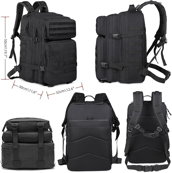 48L 3-day Tactical backpack heavy duty zipperHiking Camping Hunting Climbing backpack Nylon canvas Knapsack Outdoor backpack (Black)