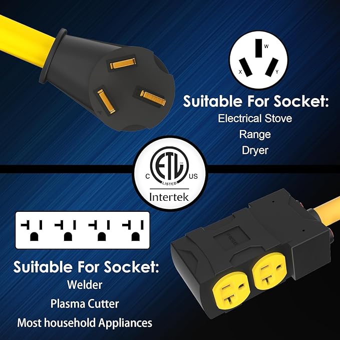 NEMA 10-50P to 110V Adapter for Gas Stove &amp Household Appliances 50Amp Electric Range Outlet to 4X 5-20R T-Blade Power Hub with 20A Circuit Breakers Heavy Duty STW Distribution Cord ETL Listed
