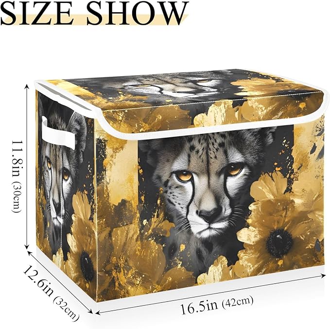 AIXIWAWA Lidded Storage Cube (Cheetah Gold Flower) Fabric Foldable Closet Bins with Flip Lid and Handles Organizer Basket Container 16.5 x 12.6 x 11.8 IN