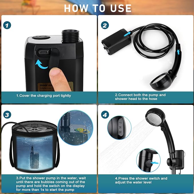 Portable Shower for Camping Rechargeable Camping Shower with Collapsible Bucket with Handle 20L Intelligent LED Display 4 Spray Modes Outdoor Shower Kit for Hiking Travel Car Pet 【Black】