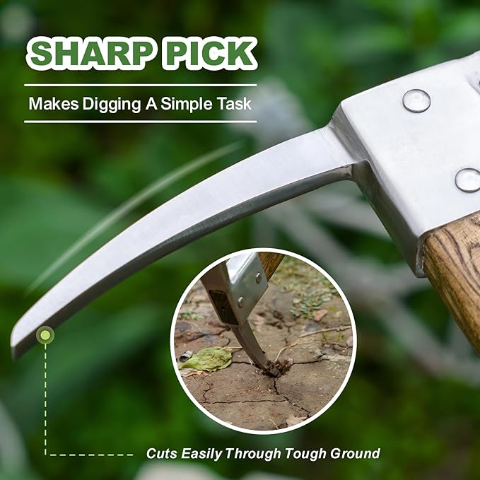 Haliaeetus Pick Axe Stainless Steel Mattock with Sharp Pick and Cutting Edge for Breaking up Heavy Clay Soil and Removal of Difficult Weeds Garden Pick with Wood Handle for Digging Loosening Soil