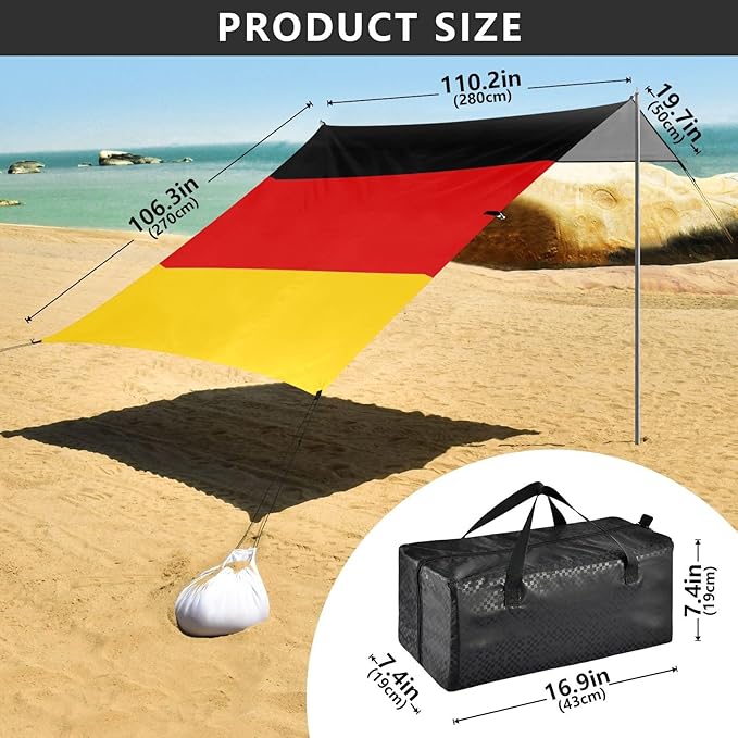 Flag Beach Tent &amp Canopy UPF50+ Easy Setup Shade Sun Shelter with Sandbags &amp Sand Shovel for Camping Picnics Backyard &amp Fishing
