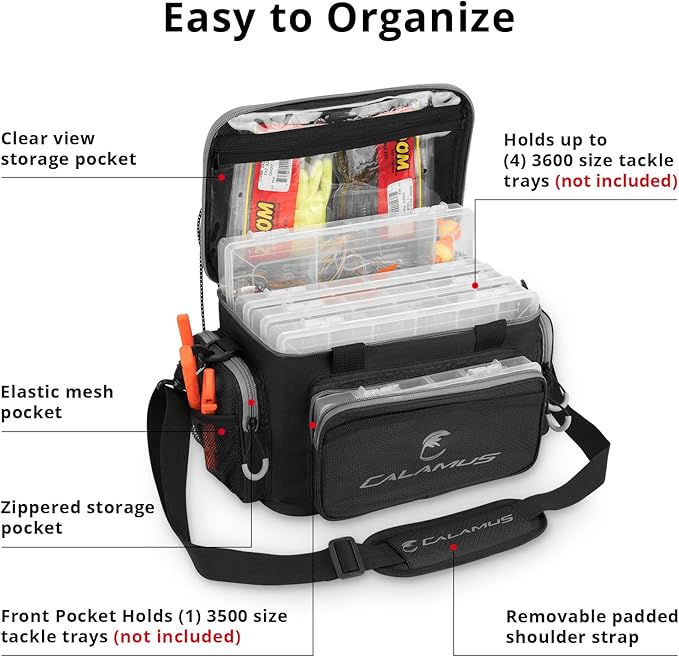 Calamus Fishing Tackle Bags - Saltwater &amp Freshwater Fishing Bags - Rip-Stop PE - Padded Shoulder Strap - Pliers Storage - Black