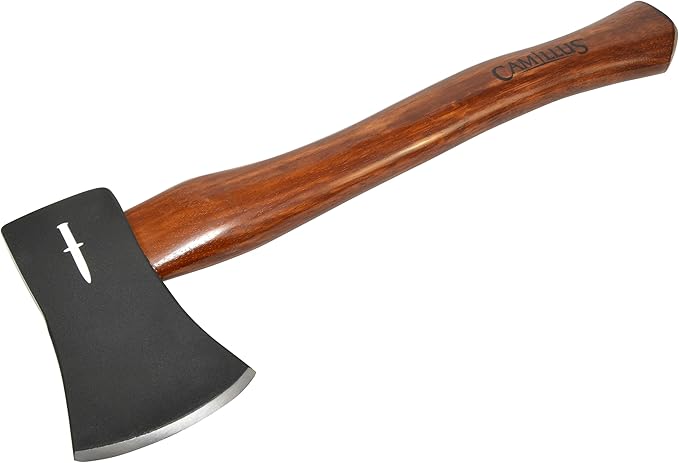 CAMILLUS 16 Durable Carbon Steel Head Compact Portable Multi-Purpose Outdoor Hunting Hiking Camping Survival Hatchet with American Hickory Handle &amp Leather Sheath