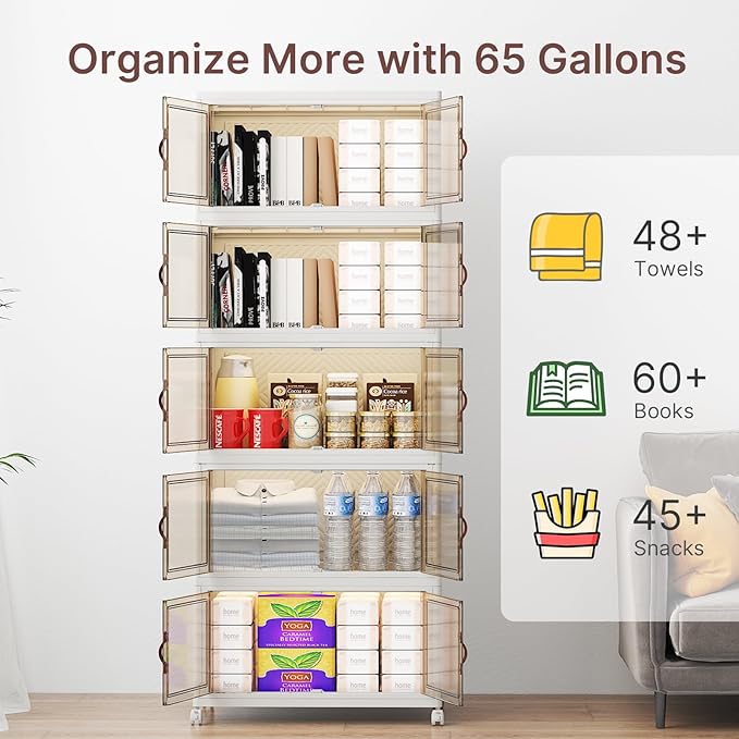 UAMFURI Stackable Storage Bins with Lids 240QT Closet Organizers Lockable Storage Cabinet Foldable Storage Box with Doors and Wheels Plastic Drawers for Home Garage Office (5 White Medium)