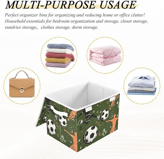 Green Soccer Player Ball Outline Storage Box with Lid 1 PC Foldable Storage Bin with Lids Stackable Storage Bins Cube Closet Organizer Basket with Flip-Top Lid &amp Handles for Shoes Books Towels