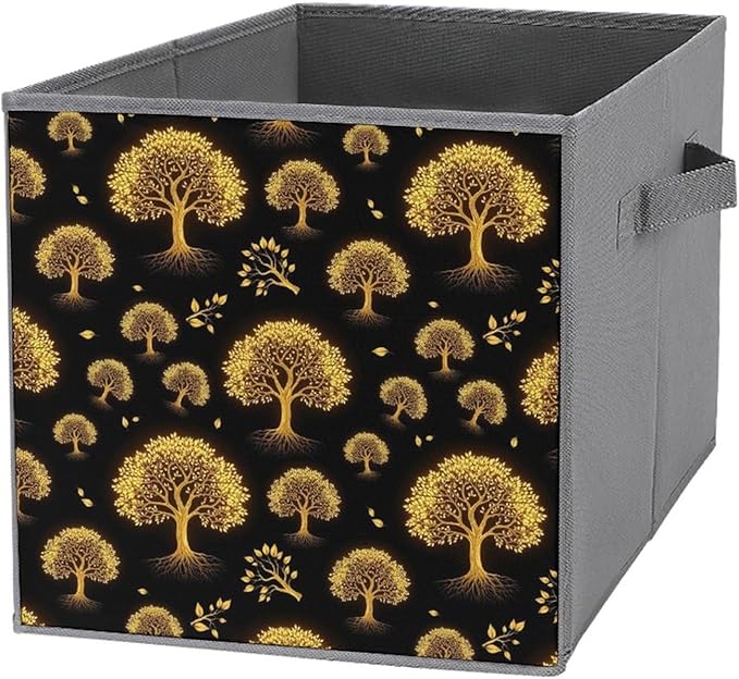 Collapsible Storage Bins with Handles Gold Black Tree Life Celtic Art Foldable Cube Organizer Box for Closet Shelf Toy Storage Space-Saving Home &amp Office Decor
